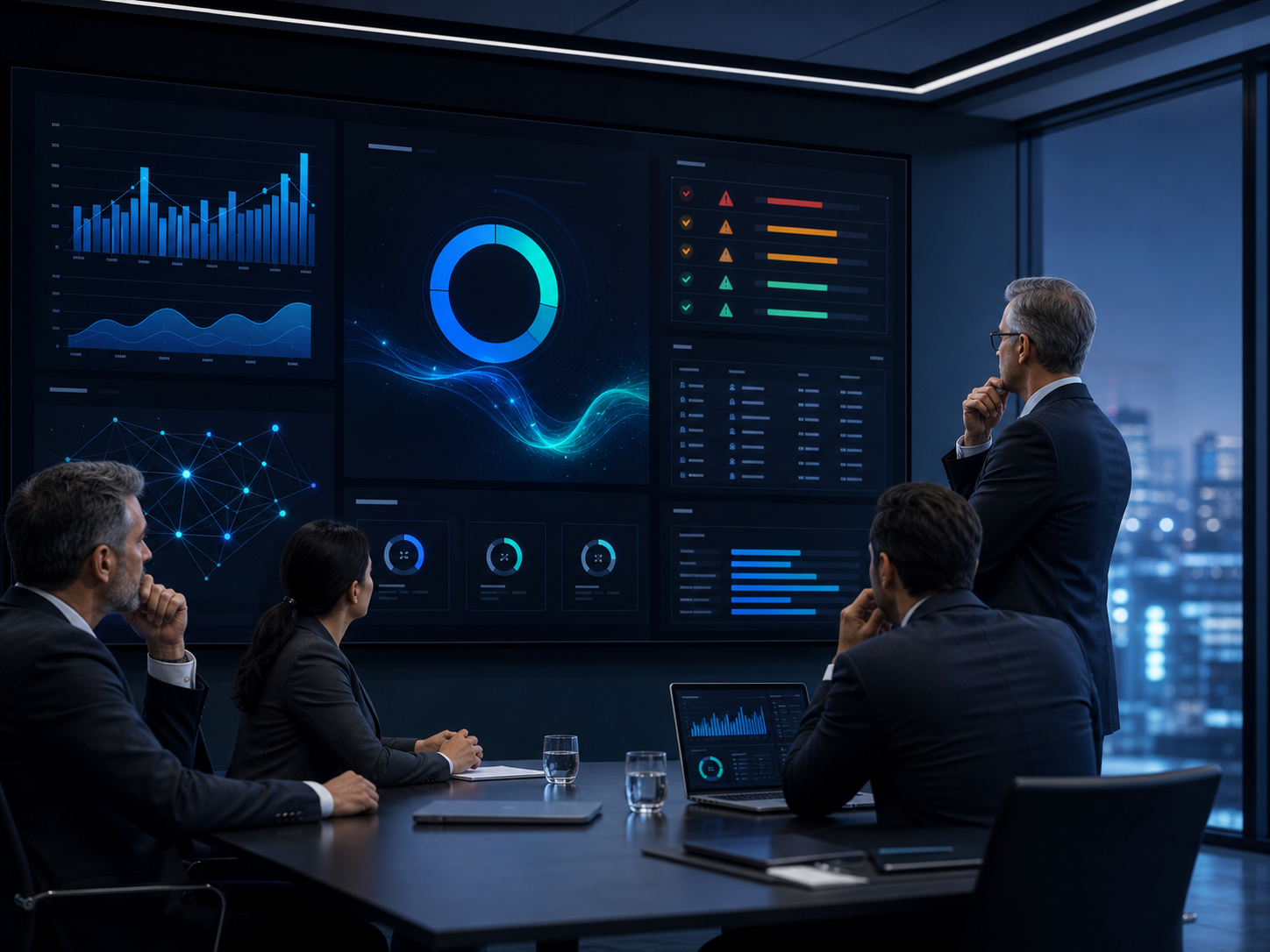 AI agent helping managers review risk, approvals, audit trails, and performance dashboards