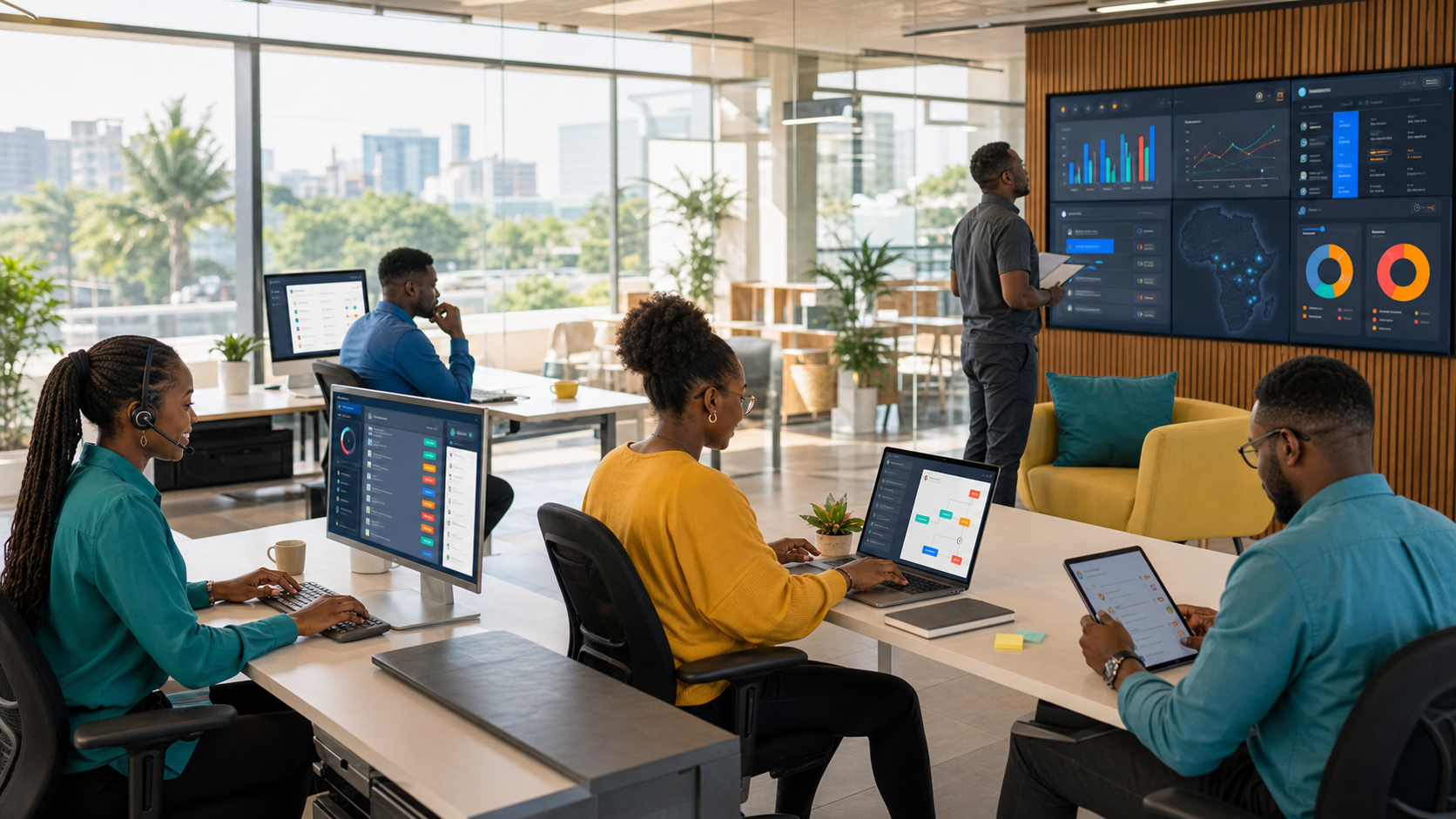 African customer operations team using AI-assisted workflows from inquiry capture through reporting
