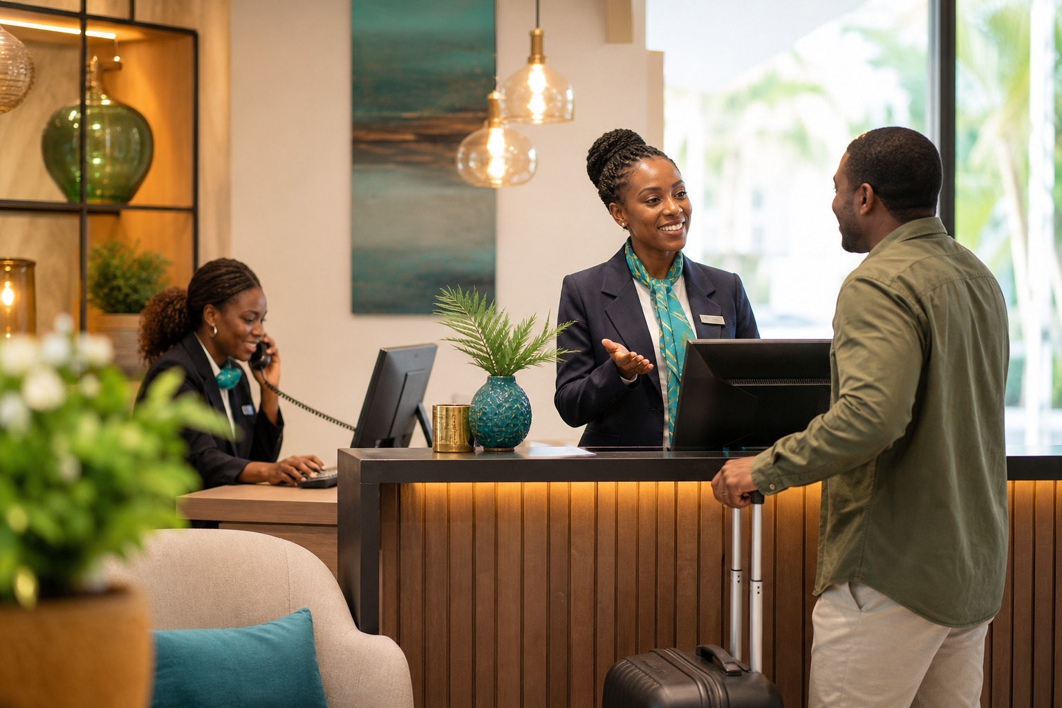 African hotel reservations team serving a guest and managing booking inquiries