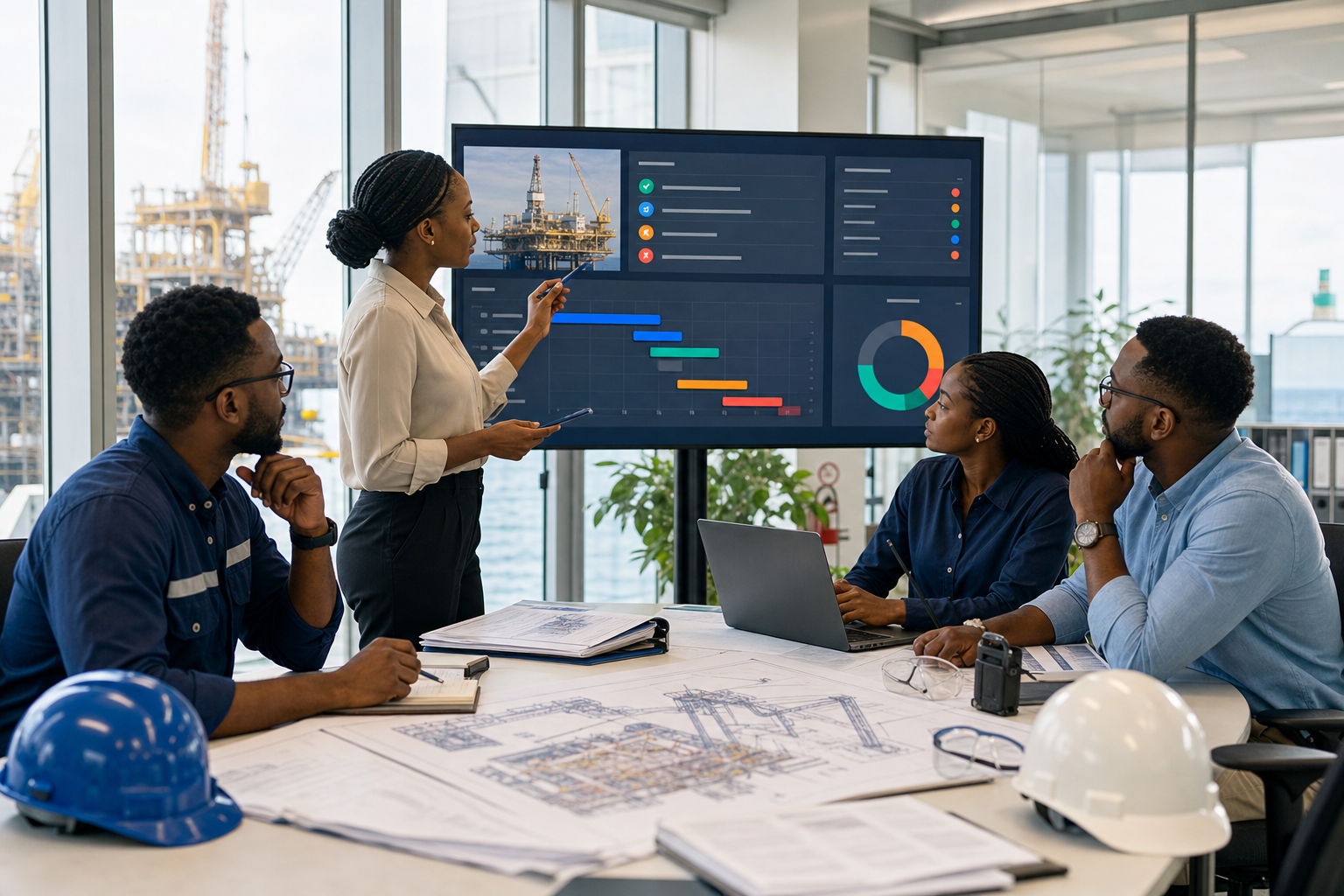 African oil services team reviewing tender requirements and compliance deadlines